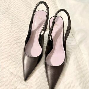 Zara Black Pointed Slingback Pumps with Braided Strap and Pale Pink Insoles